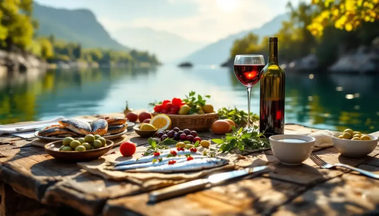 Un repas en plein air avec du poisson grill&eacute;, des olives, des fruits et du vin rouge, avec le paysage du pi&eacute;mont Italie en arri&egrave;re-plan.