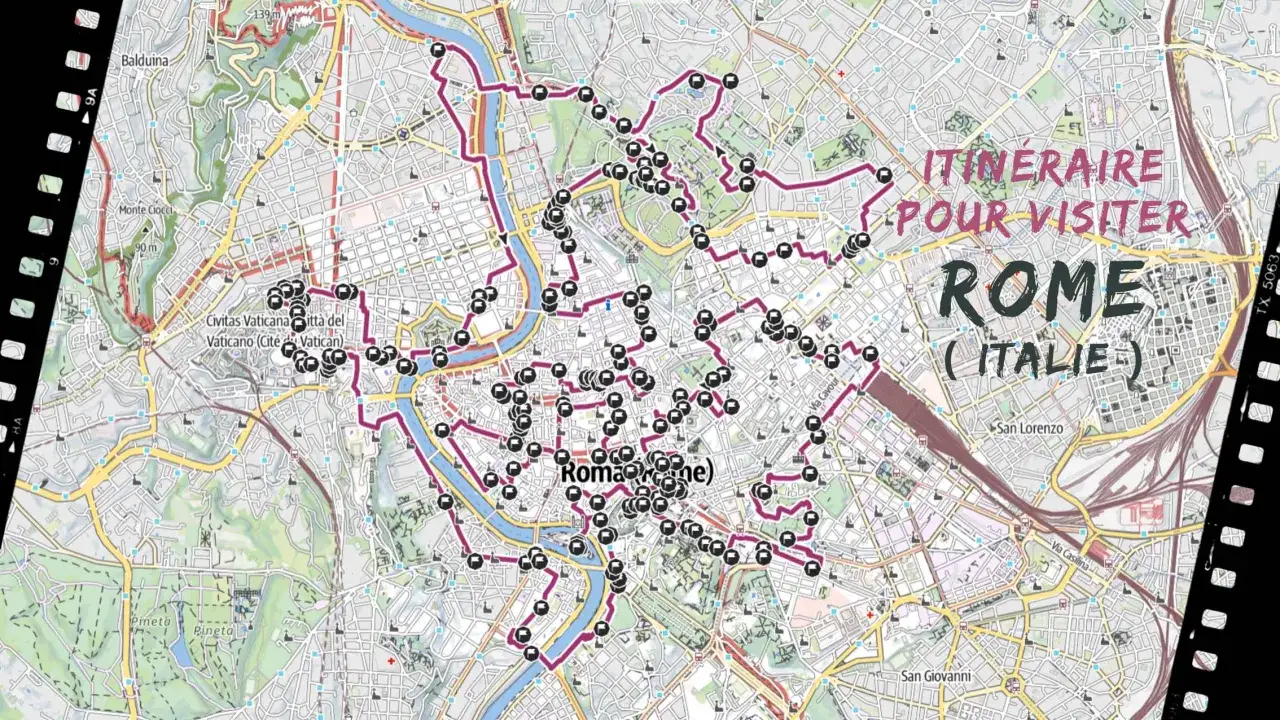 Carte de Rome avec un itinéraire suggéré pour visiter la ville en 4 jours, marqué par des points noirs et une ligne violette.