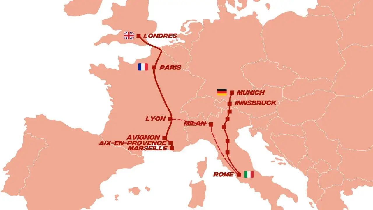 Carte de l'Europe montrant des itinéraires ferroviaires de Londres à Rome, passant par Paris, Lyon, Milan, Munich et Innsbruck.