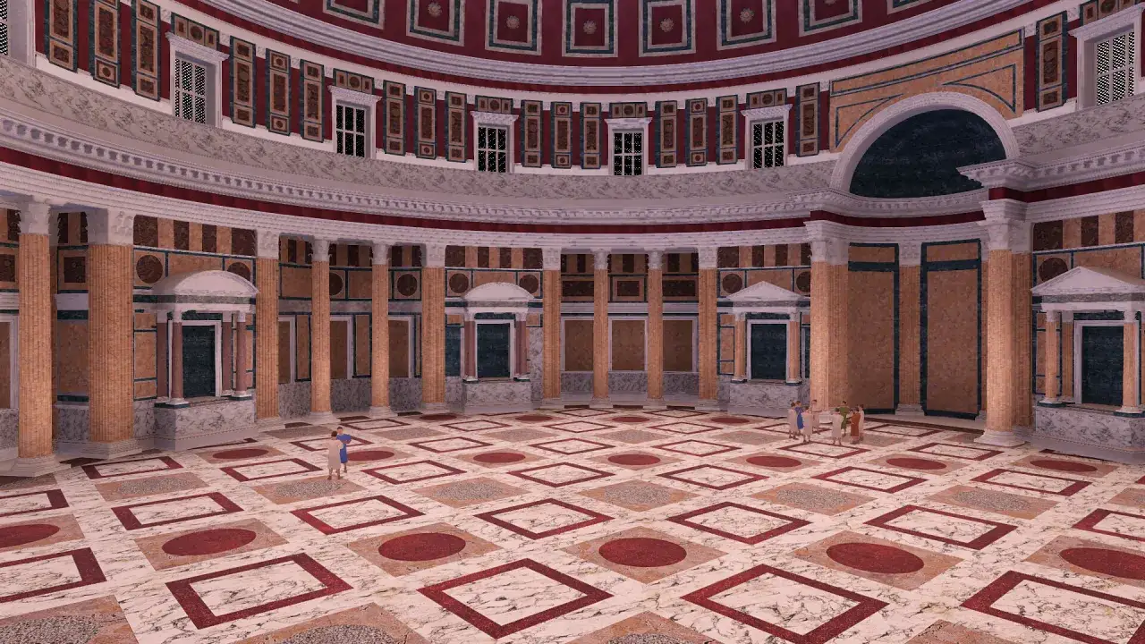 Intérieur du Panthéon de Rome, avec son sol marbré et ses colonnes imposantes. La durée de visite est courte, mais l'émerveillement est immense.