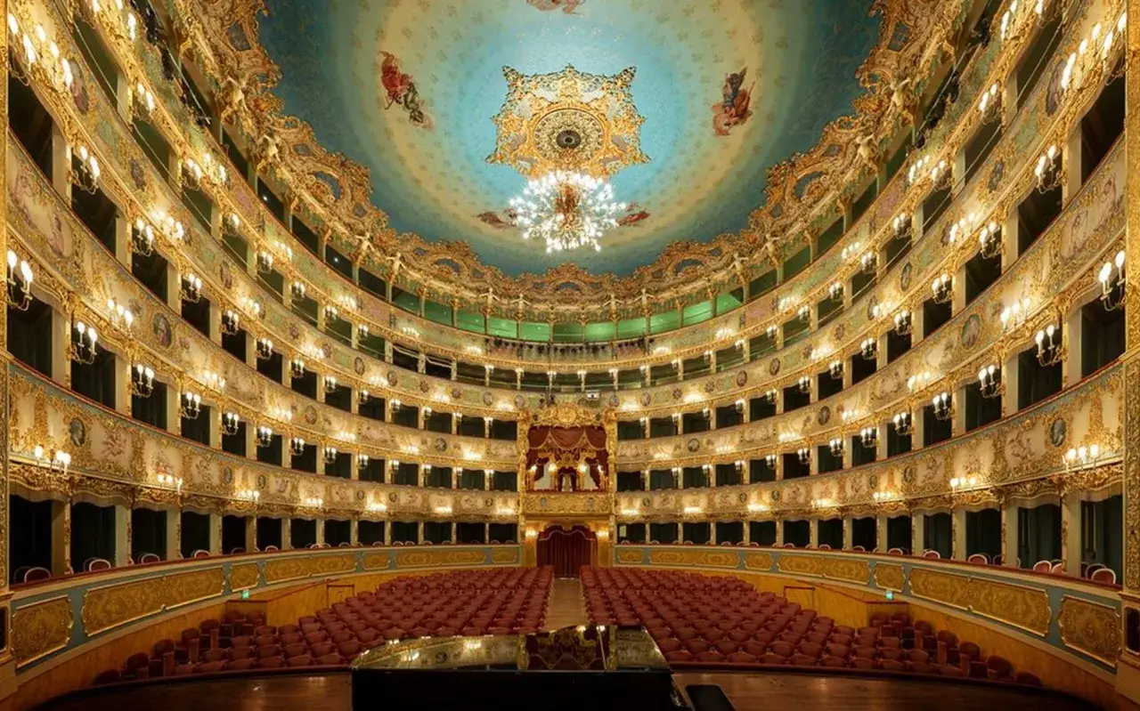 L'intérieur doré et orné du théâtre La Fenice, avec ses loges, ses sièges rouges et son plafond peint.