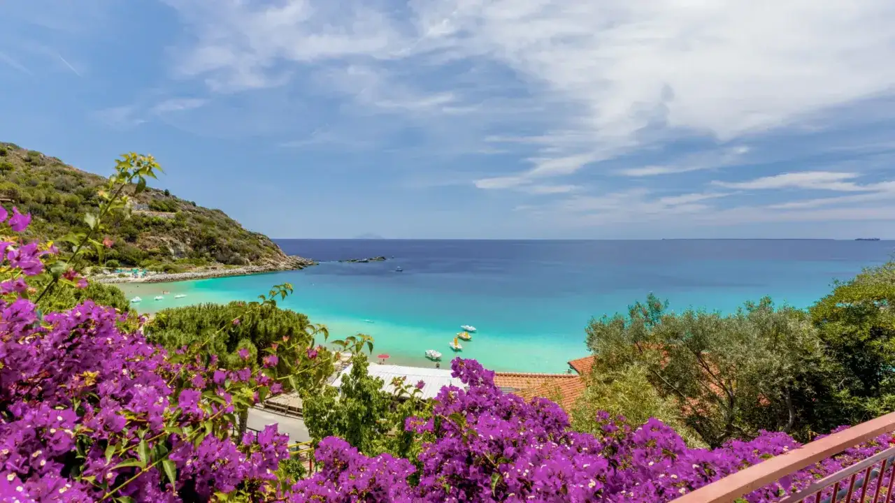 Vue panoramique d'une baie aux eaux turquoise, avec des bougainvilliers violets au premier plan. Un paysage idyllique rappelant Procida ou Ischia.