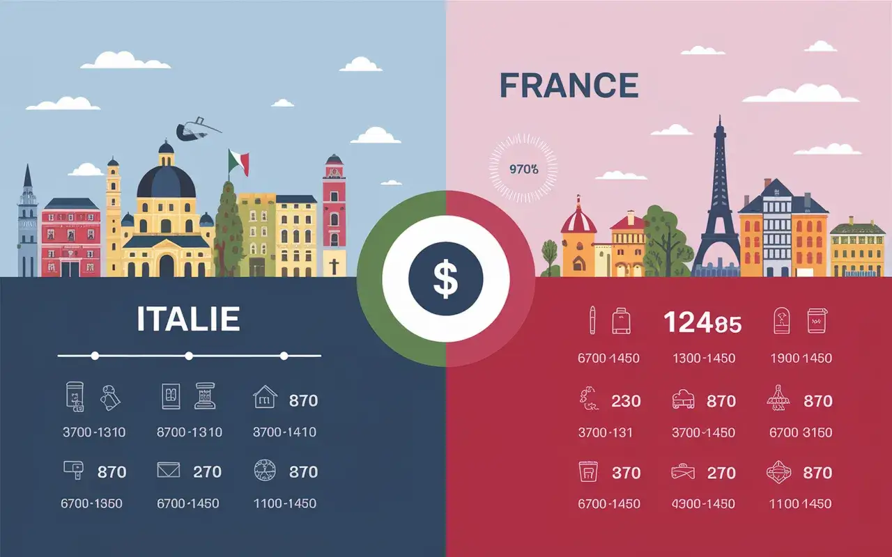 Comparaison visuelle entre l'Italie et la France, avec des icônes et des chiffres représentant des données.