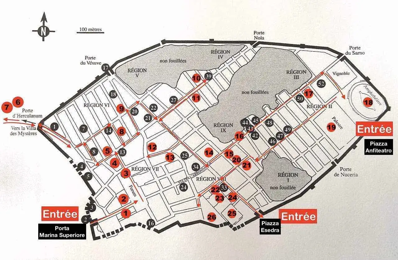 Plan de visite de Pompéi, indiquant les entrées, les régions et les sites à explorer.