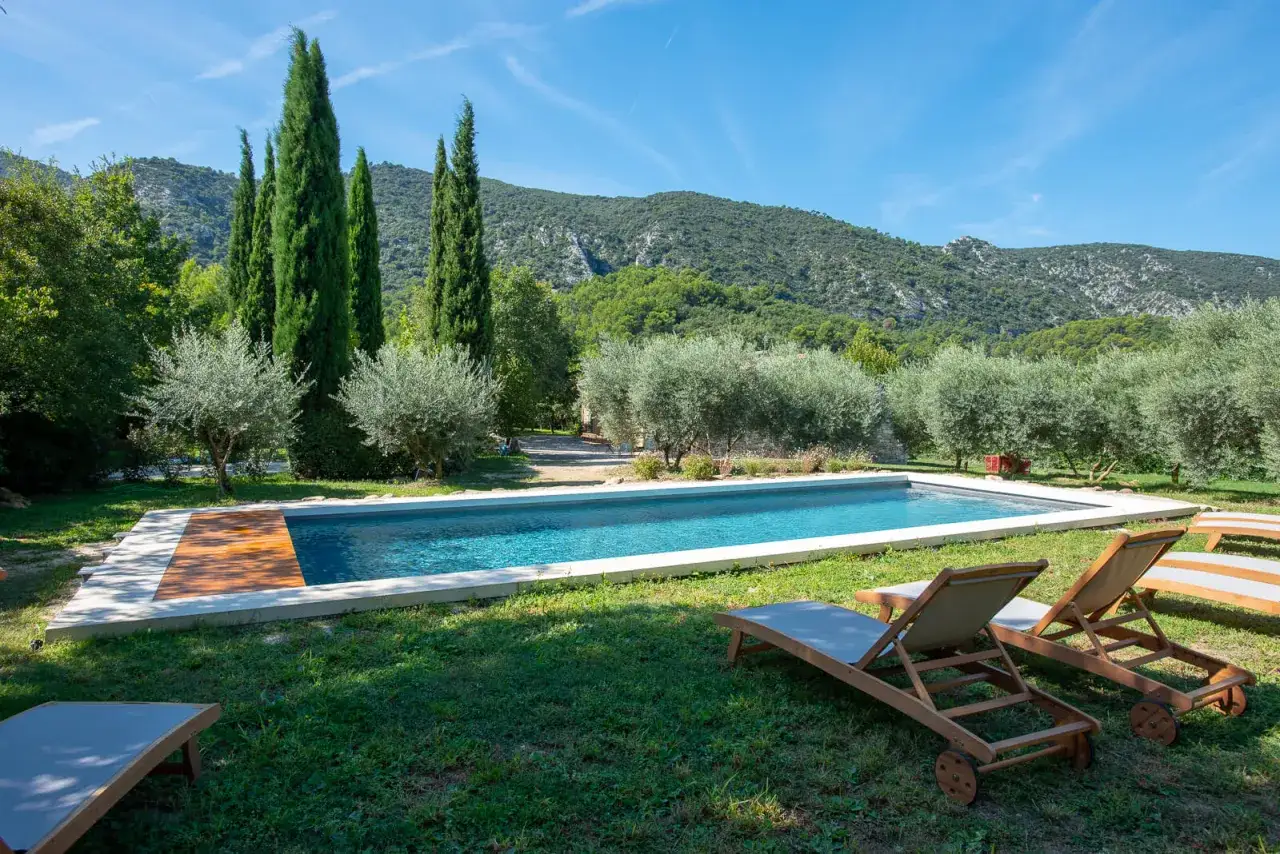 Piscine d'une chambre d'hôte toscane, entourée d'oliviers et de cyprès, avec des chaises longues invitant à la détente sous un ciel bleu.