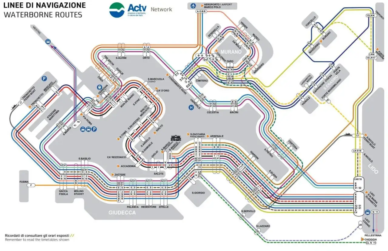 Carte des lignes de vaporetto pour aller à Venise. Les couleurs indiquent les différents itinéraires.