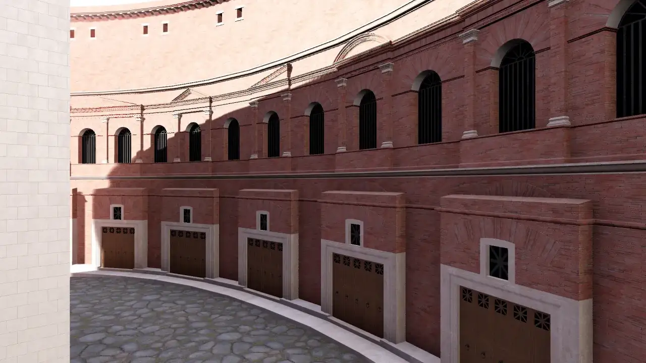 Les marchés de Trajan, une structure de briques rouges avec des arches et des portes en bois, s'étendent en courbe sur une place pavée.