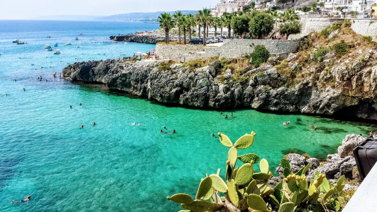 Plage rocheuse avec des eaux turquoise cristallines, des palmiers et des figues de barbarie. Des baigneurs profitent du soleil et de la mer à Castro, Italie.