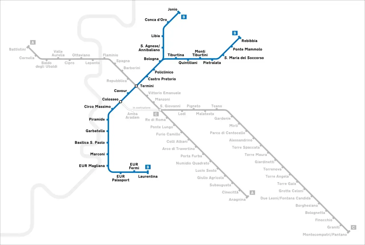 Plan du métro de Rome, montrant les lignes A, B et C, avec les stations EUR Palasport et Laurentina sur la ligne B.