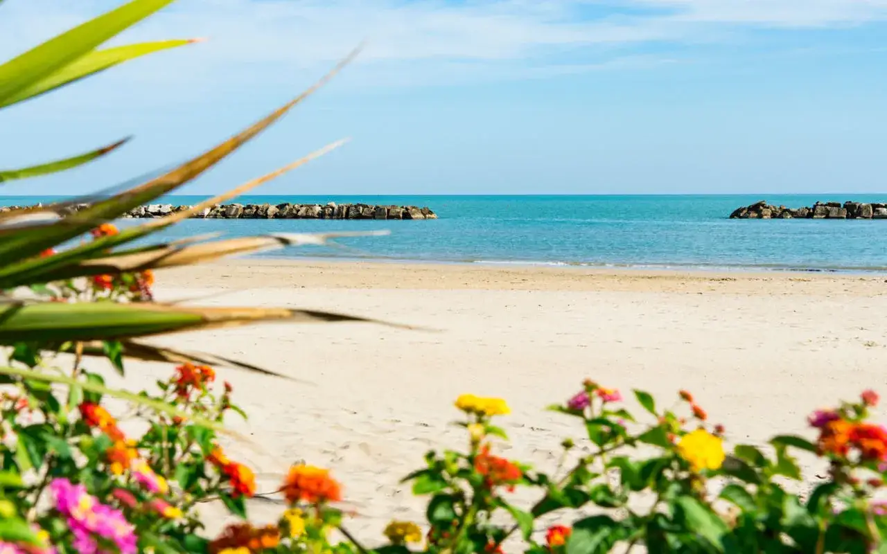 Plage de sable fin à Porto San Giorgio, avec des fleurs colorées au premier plan et des brise-lames dans la mer bleue. Idéal pour un séjour dans les hôtels de Porto San Giorgio.