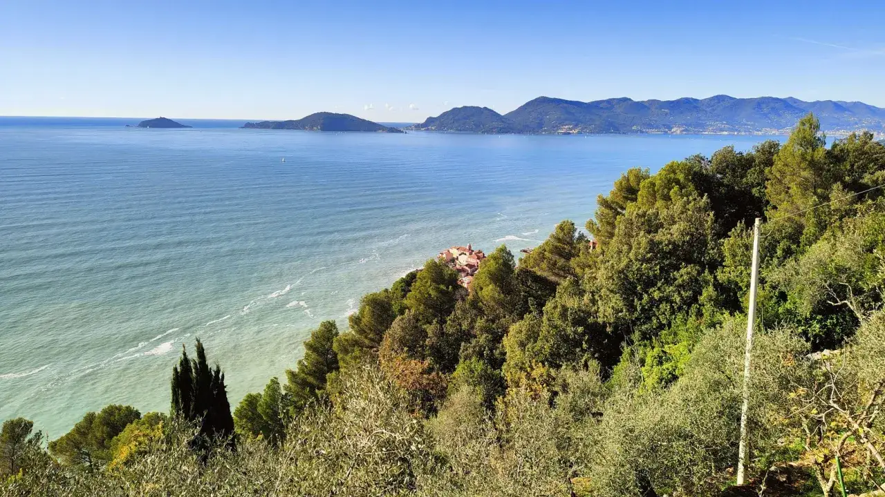 Vue panoramique sur la mer bleue depuis les collines verdoyantes d'Ameglia, avec un petit village niché sur la côte.