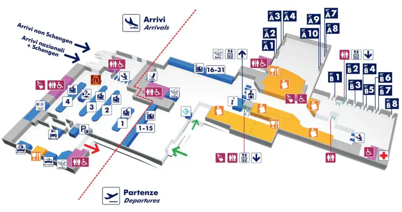 Plan de l'aéroport de Rome : Arrivées, départs, portes A et B, services et accès pour personnes à mobilité réduite.