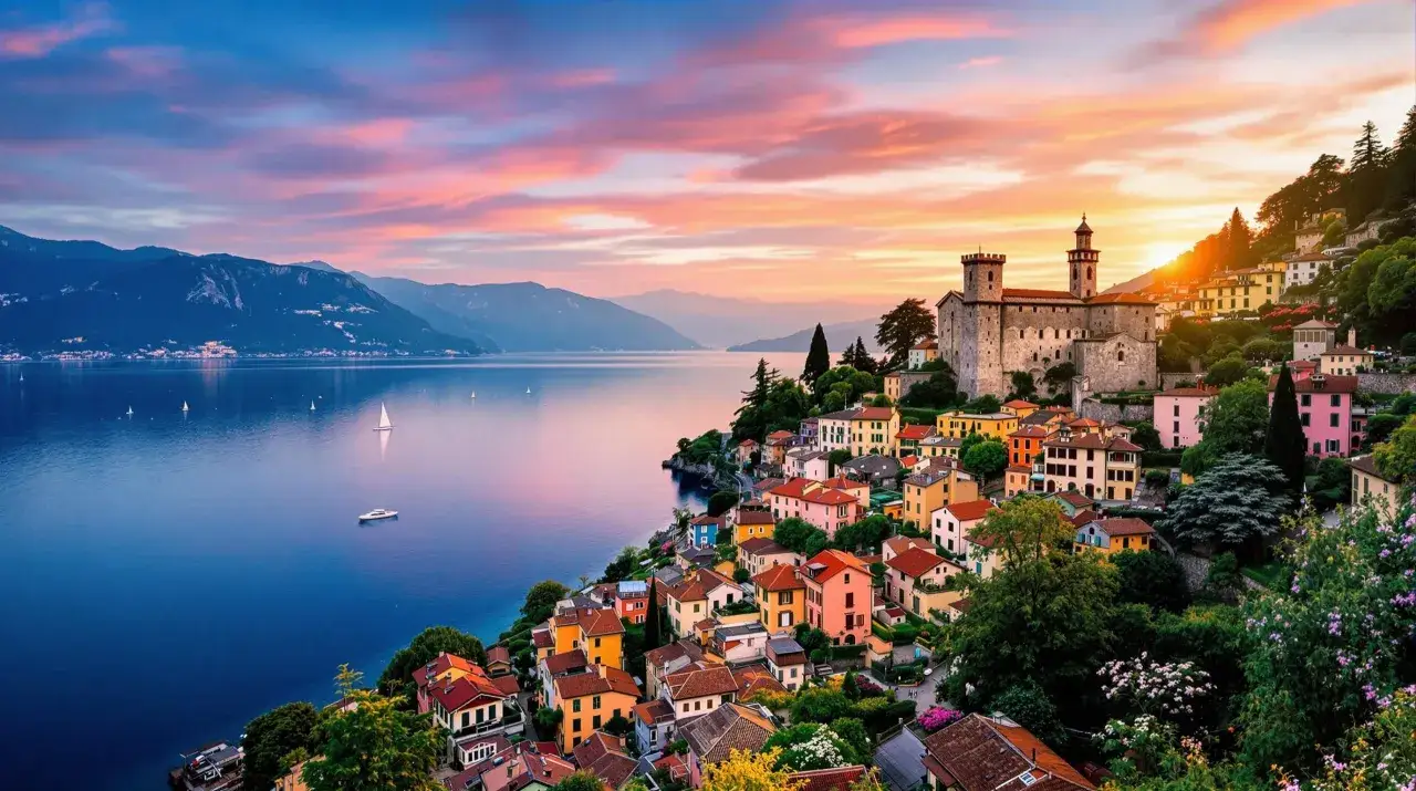 Vue panoramique du lac de Côme au coucher du soleil, avec un village coloré et un château perché sur la colline. Une belle balade en voiture le long du lac.
