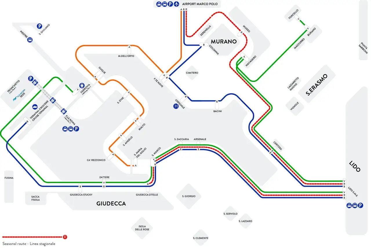 Carte des lignes de vaporetto Alilaguna. La linea blu Alilaguna dessert Murano, l'aéroport et le centre de Venise.