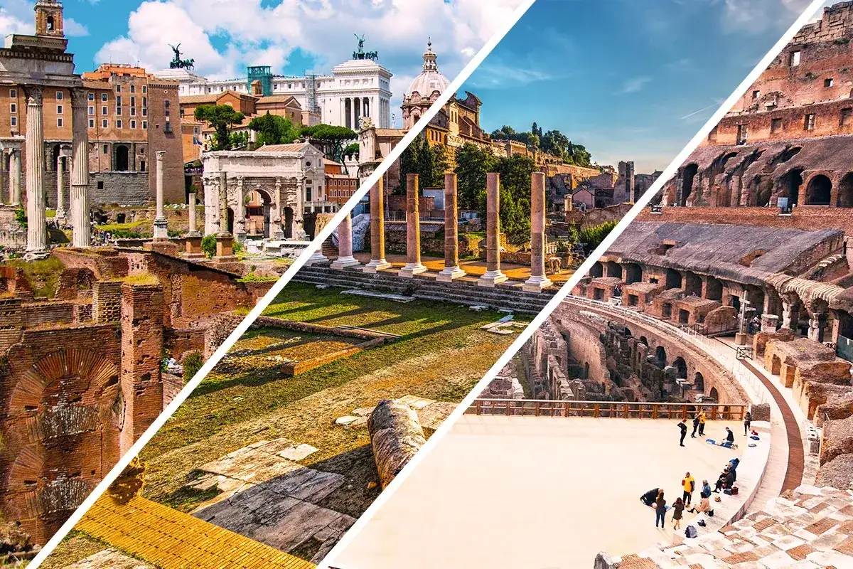 Collage de sites emblématiques de Rome : le Forum Romain, le Colisée. Parfait pour planifier vos visites Rome.